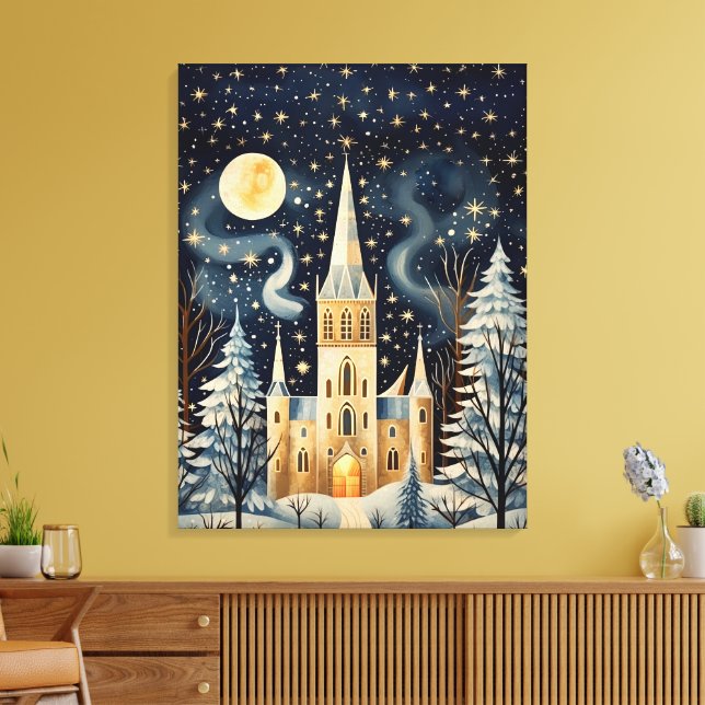 Toile Église d'hiver vintage Gouache stylée 32x24 (Insitu(Salon))