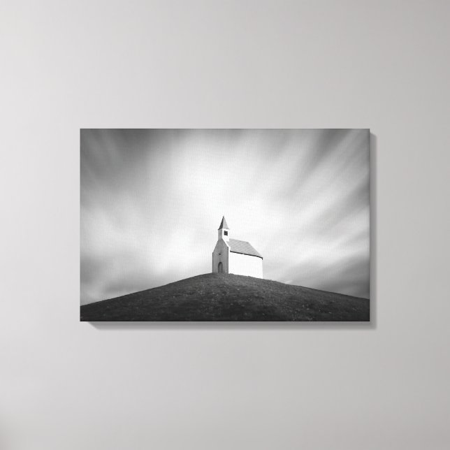 Toile Eglise sur une colline en noir et blanc (Recto)
