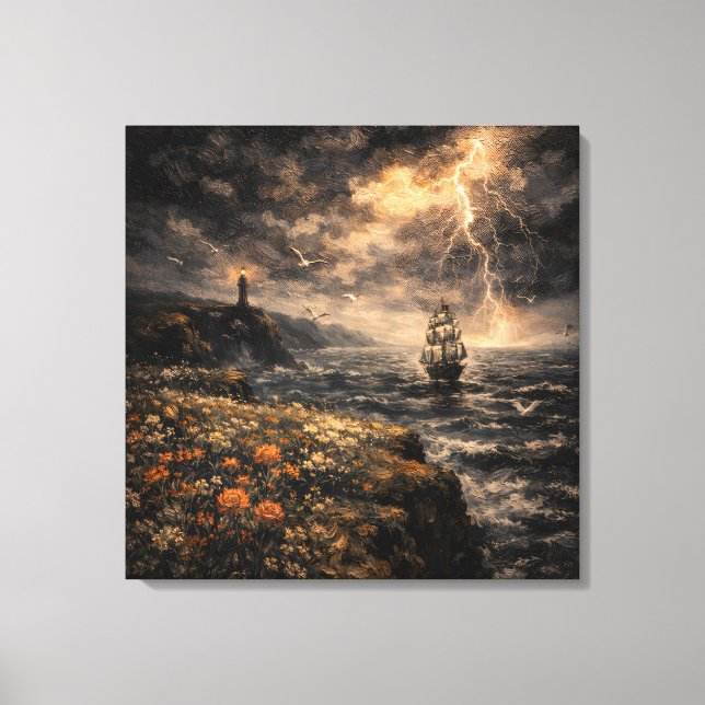 Toile Electric Horizon: Stormy Lighthouse & Tall Ship (Recto)