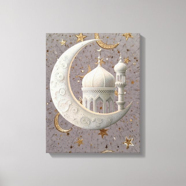 Toile Elegant 3D White Crescent & Mosque Ramadan Design (Recto)