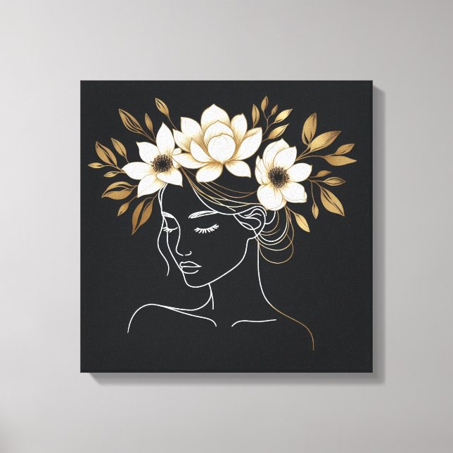 Toile Elegant Abstract Female Line Art with Gold Floral  (Recto)