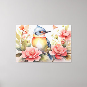 Toile Elégant aquarelle Oiseau Floral Art Réaliste