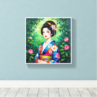 Toile Elegant Geisha Wall Art - Floral Kimono Portrait