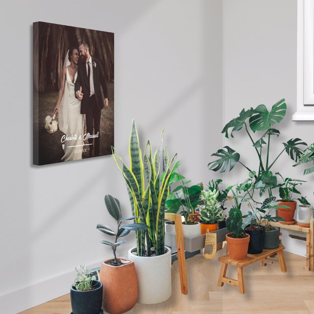 Toile Élégant Mariage Script Photo Couple Noms Et Date (Beautiful Romantic Rustic Wedding Photo with Couple's Names & Wedding Date Anniversary Gift)