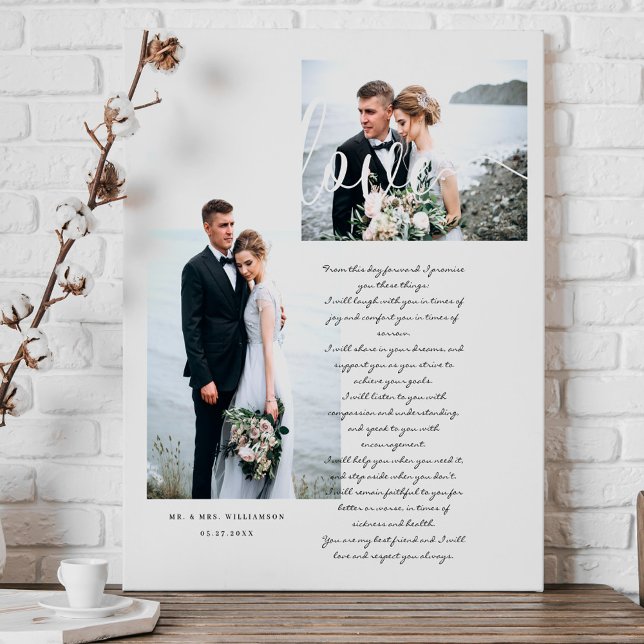 Toile Élégant Mariage Vows Love Script Minimal Deux phot (Elegant Wedding Vows Love Script Minimal Two Photo Canvas Print)