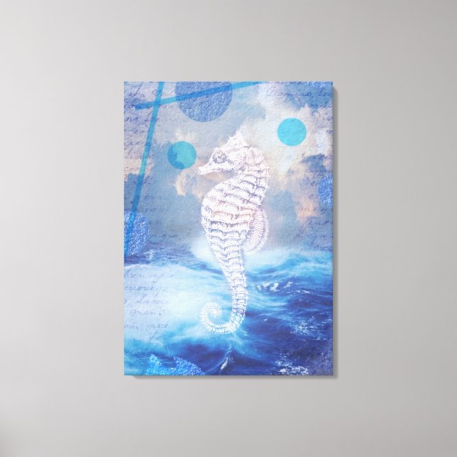Toile Elegant Vintage Seahorse Blue Ocean Waves (Recto)