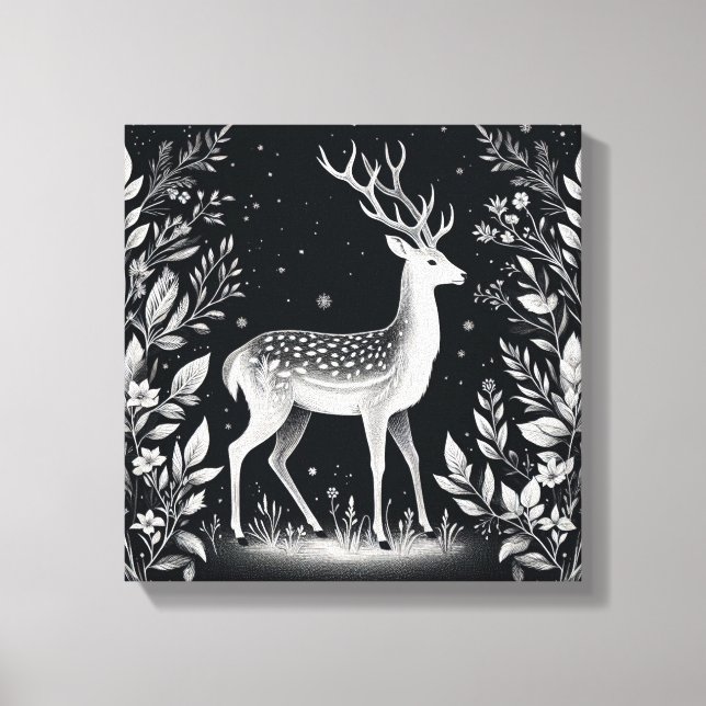 Toile Elegant White Ink Deer in Botanical Frame (Recto)