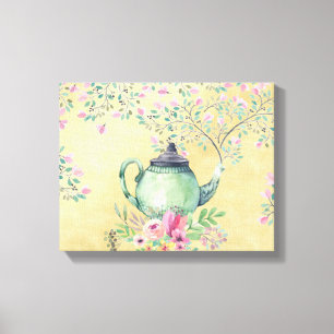 Toile Elégante Aquarelle Teapot et Fleurs Or