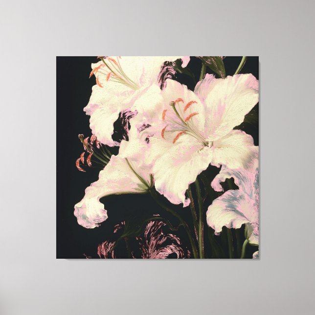 Toile Élégants lys blancs sur fond noir floral (Recto)