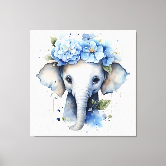 Toile Eléphant Bébé - Couronne Fleur Bleue (Recto)