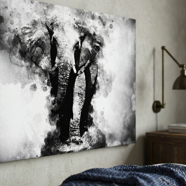 Toile Éléphant d'Afrique Aquarelle Noir et Blanc (African Elephant Black and White Watercolor. Canvas Print)