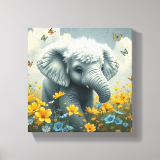 Toile Éléphant de bébé courant dans des fleurs