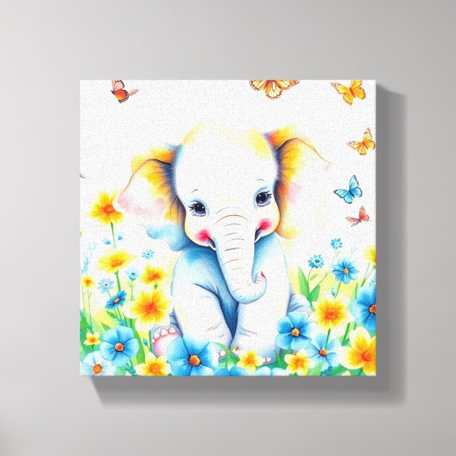 Toile Éléphant de bébé courant dans les fleurs (Recto)