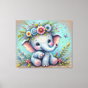 Toile Éléphant de bébé mignon avec des fleurs et des pap
