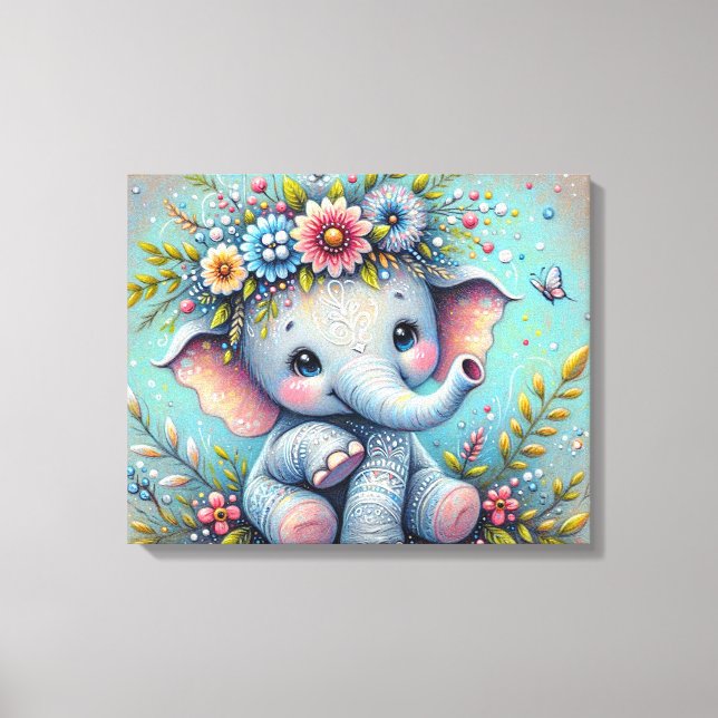 Toile Éléphant de bébé mignon avec des fleurs et des pap (Recto)