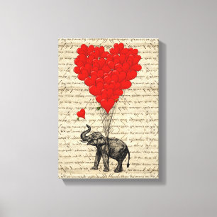 Toile Éléphant et ballons en forme de coeur