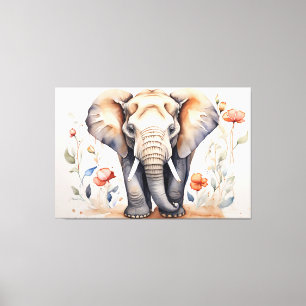 Toile Eléphant et fleurs de charme aquarelle peinture