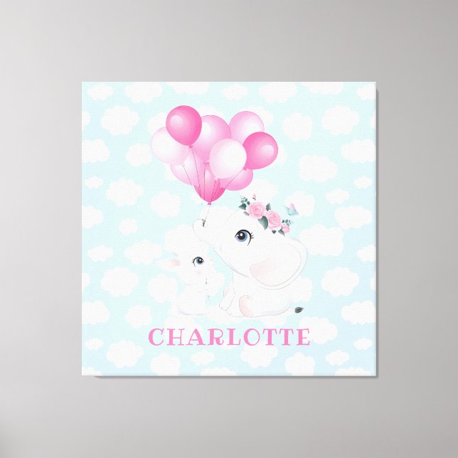 Toile Éléphant et Lapin Féminins avec Fleurs et Ballon (Recto)