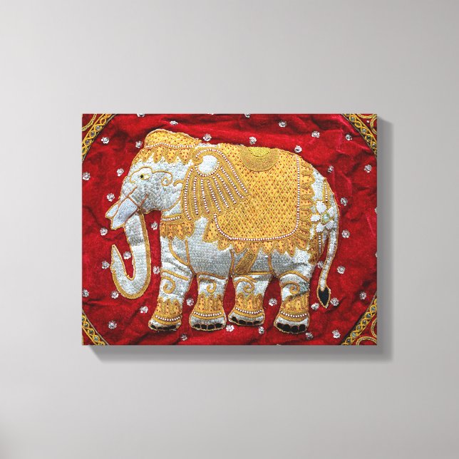 Toile Eléphant Indien inscrit rouge et or (Recto)