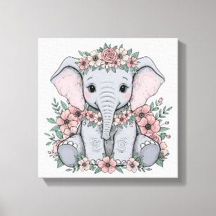 Toile Eléphant mignon bébé aux fleurs roses