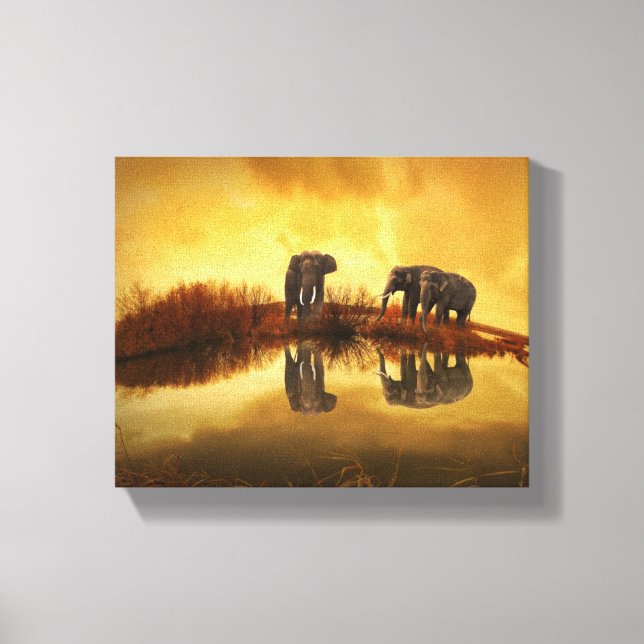 Toile Eléphants asiatiques en Thaïlande sous un coucher  (Recto)