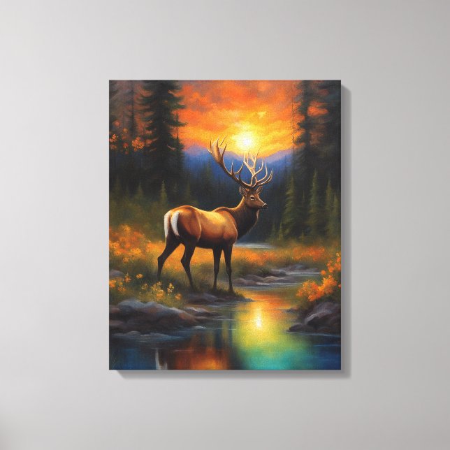 Toile Elk Standing Mountain Steam Coucher de soleil colo (Recto)