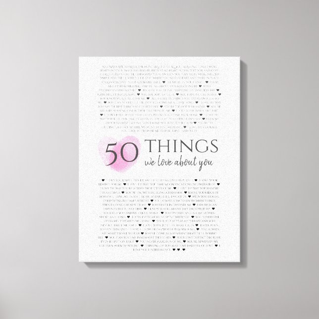Toile empreintes digitales sur coeur rose 50 raisons Je  (Recto)