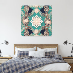 Toile en dentelle mandala or rose et sarcelle