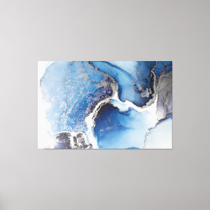 Toile Encre Abstraite d'alcool bleu, blanc et argent