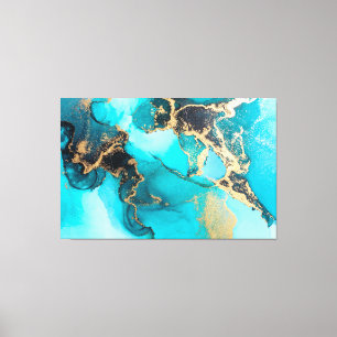 Toile Encre Abstraite d'alcool bleu, Turquoise et or
