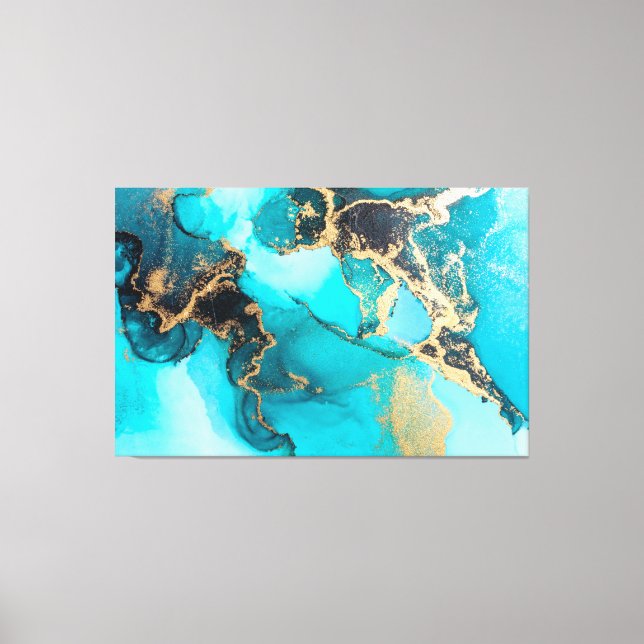 Toile Encre Abstraite d'alcool bleu, Turquoise et or (Recto)