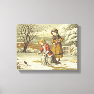 Toile Enfants victoriens d'hiver nourrissant un rouge-go