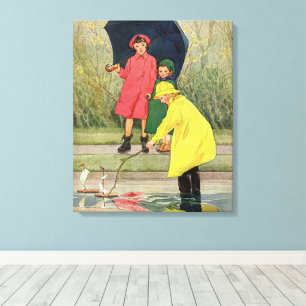Toile Enfants vintage jouant dans les flaques "Une journ