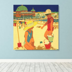 Toile Enfants vintage, sœurs en vacances à la plage
