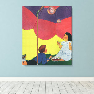 Toile Enfants vintage soufflant des bulles sous un parap