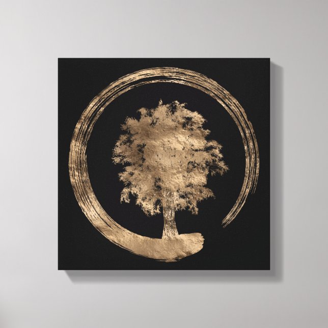Toile Enso Zen Circle et Arbre - Or sur noir (Recto)