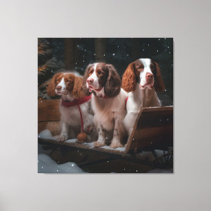 Toile Épagneul Breton Traîneau enneigé Décor de Noël