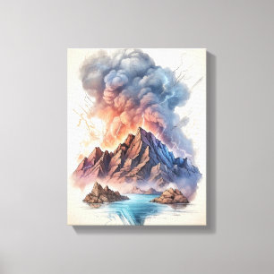 Toile Éruption du volcan océanique avec éclair