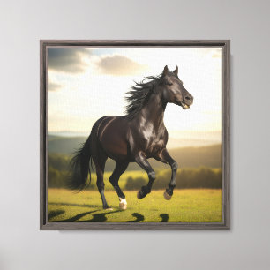 Toile Étalon Noir Majestueux en Course au Coucher du Sol