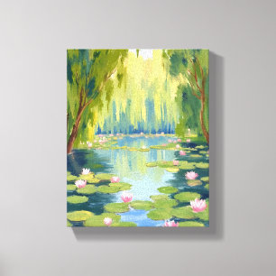 Toile Étang de fleurs de lotus   Nature aquarelle verte