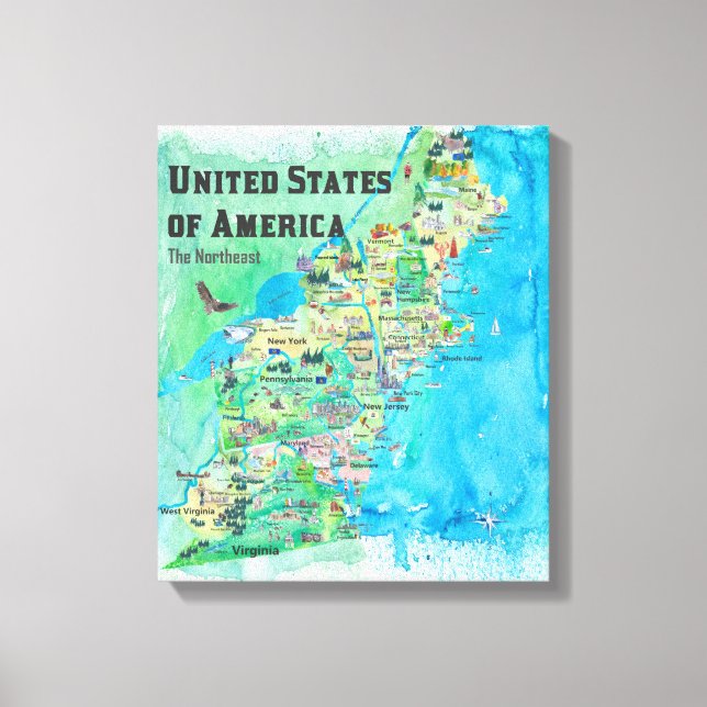 Toile États-Unis Nord-Est Carte VA WV MD PA NY MS CT RI  (Recto)