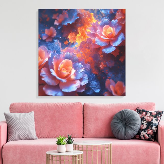 Toile Ethereal Floral Energy – Blue & Fiery Rose Art (Insitu(Salon))