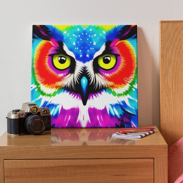 Toile étirée de Chouette arc-en-ciel (This colorful owl canvas would make a wonderful addition to any home! )