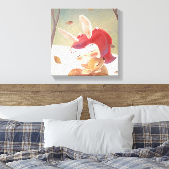 Toile Étreinte forestière : Fille lapin serrant un petit (Insitu(Chambre))