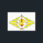 Toile Etude12. Gateway.<br><div class="desc">"Etude12. Gateway" is an abstract graphic composition featuring a bold geometric style. At its heart lies a stylized yellow disc intersected by dynamic red and orange elements resembling arrows or antennas. The entire composition is framed within a diamond shape formed by parallel golden plates against a deep black background. The...</div>