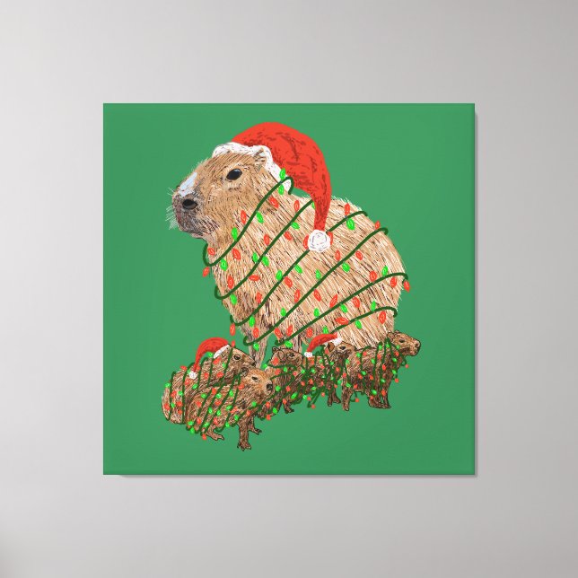 Toile Famille Capybara de Noël enrobée de lumières (Recto)