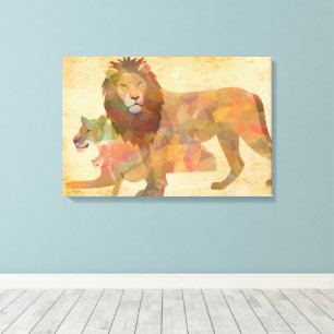 TOILE FAMILLE DE LIONS GÉOMÉTRIQUES ART FAUNE
