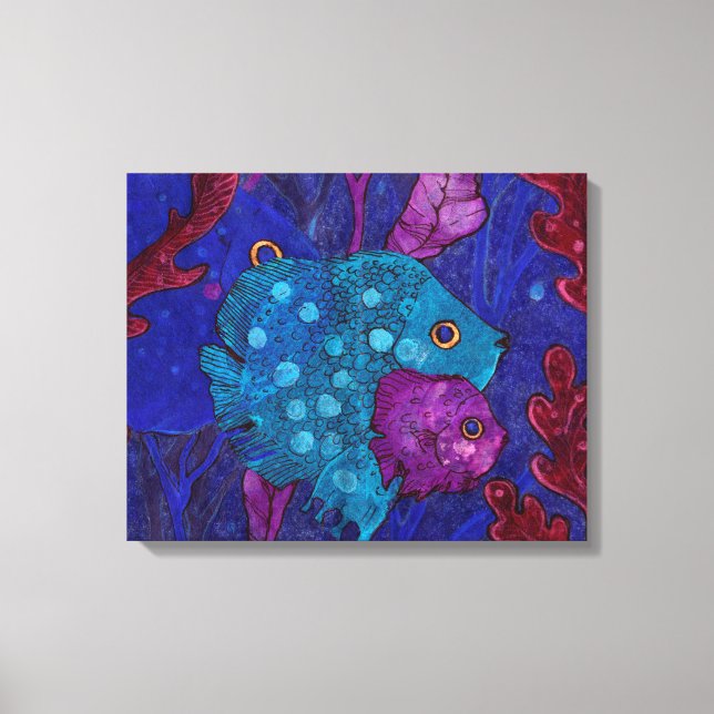 Toile Famille de poissons dans les algues, bleu et viole (Recto)