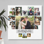 Toile Famille Photo Collage Coeur 17 Photos Nom Blanc<br><div class="desc">Affichez vos souvenirs de famille ou de mariage avec ce beau collage photo imprimé mur en toile tendue en blanc et gris avec vos images en forme de coeur. Ce joli design comprend de la place pour 17 photos : 9 horizontales, 2 verticales et 6 carré de style Instagram. Vos...</div>