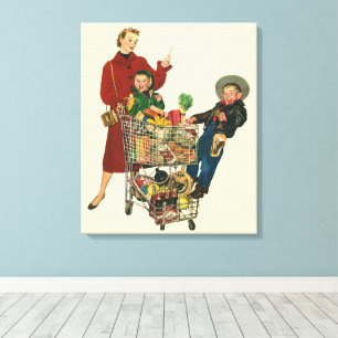 Toile Famille Rétro, Maman et Enfants Chariot de Courses